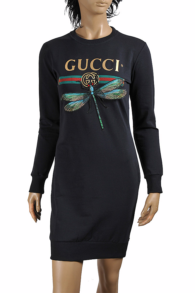 GUCCI cotton long dress with front dragonfly appliquÃ© 397